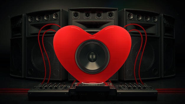 dj controller with red heart 3d rendering