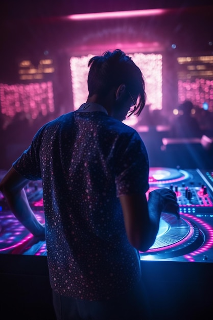 A dj in a dark club with a pink light behind him