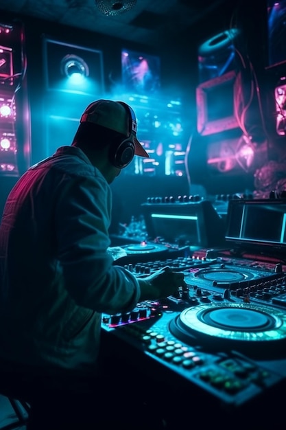 A dj in a dark room with a light on the wall behind him.