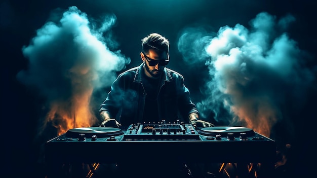 dj in a dark room with smoke coming out of the background