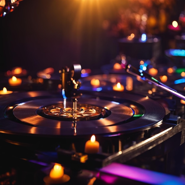 현대적인 클럽에서 DJ 장비와 DJ와 현대적인 클럽의 어두운 배경에 DJ