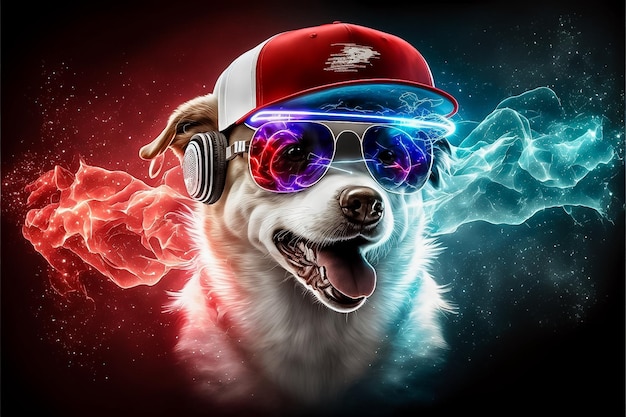 DJ Dog в действии Вращающиеся биты с наушниками и микрофоном, сгенерированным искусственным интеллектом