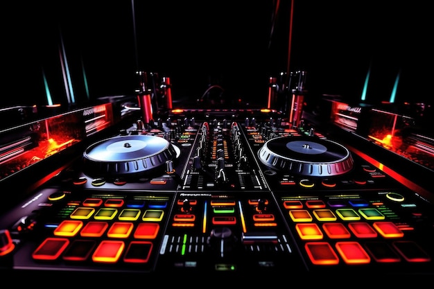 Photo dj equipment buttons illuminated in darkness