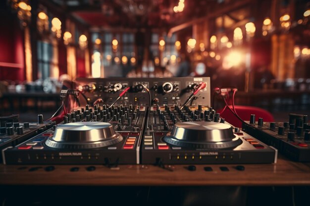 Photo dj equipment in a club with a blurred background