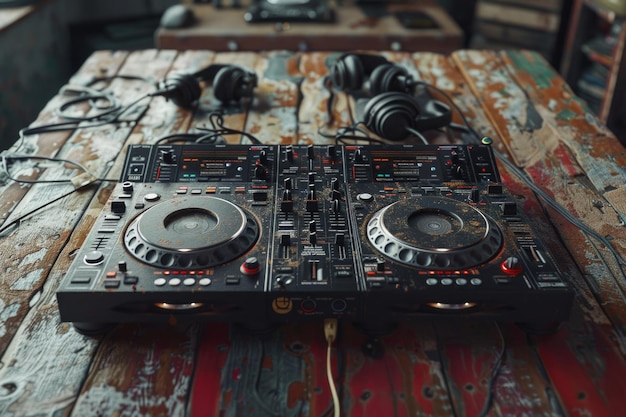 DJ equipment on rustic wooden background