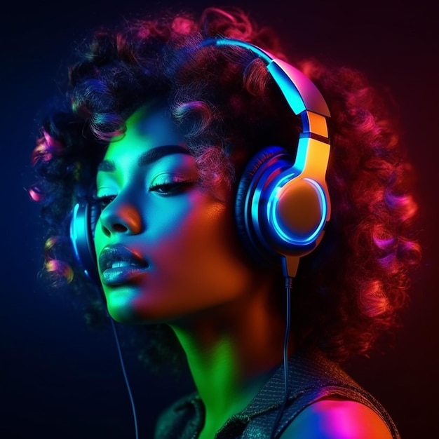 a dj girl listening music in abstract background