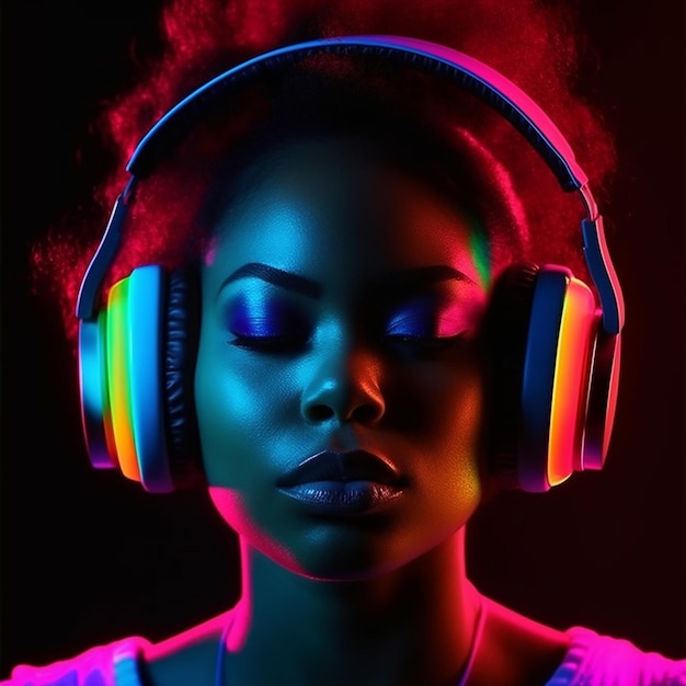 a dj girl listening music in abstract background