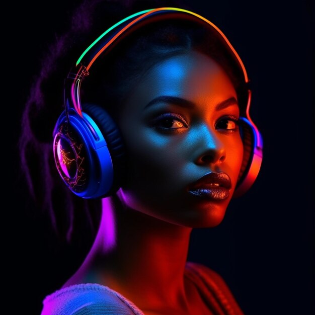 a dj girl listening music in abstract background