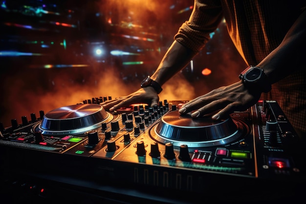 Dj Hands Creating And Regulating Music On Dj Console ai generated