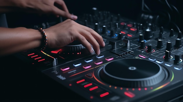 DJ Hands dj console mixer on concert nightclub stage music colors Generative AI