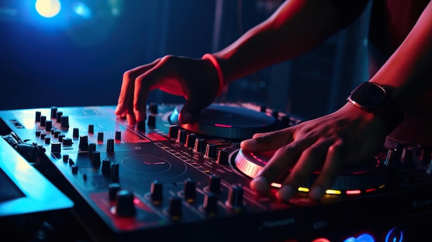 DJ Hands dj console mixer on concert nightclub stage music colors