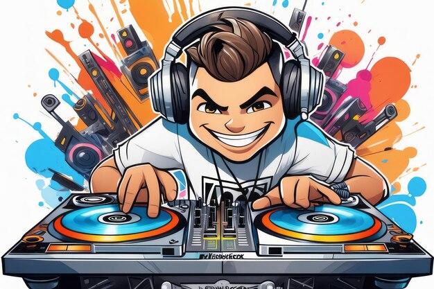 Photo dj in headphones cartoon illustration created with generative ai software