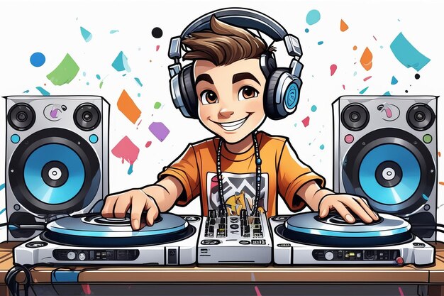 dj in headphones cartoon illustration created with generative AI software