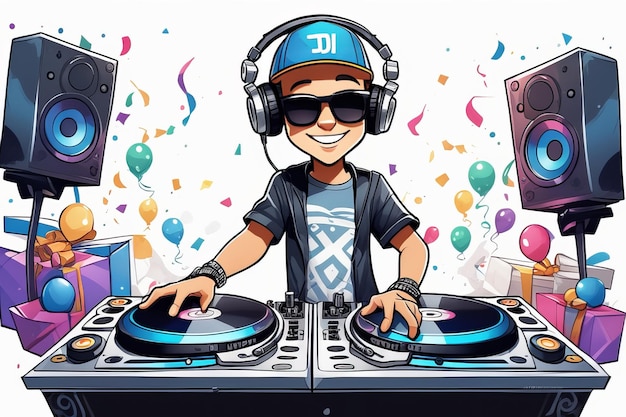 dj in headphones cartoon illustration created with generative AI software