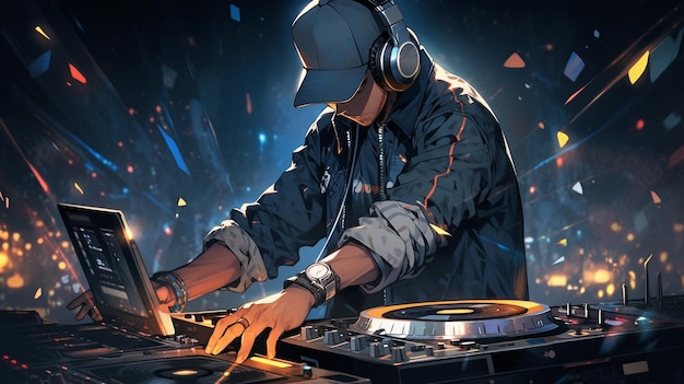 A dj in headphones entertains the crowd with music on a turntable at an event