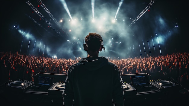 Dj in headphones standing in front of stage