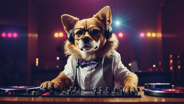 Foto dj-hond met bril en koptelefoon.