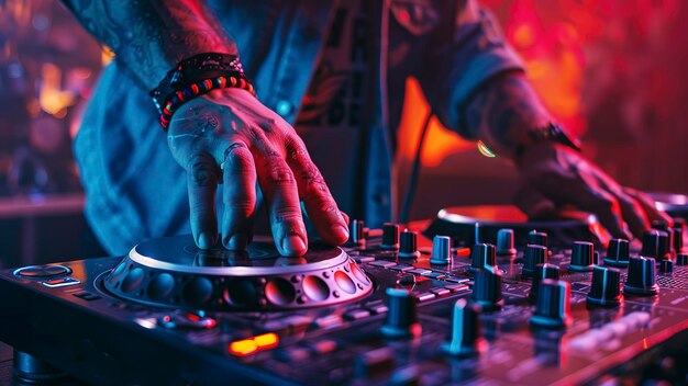 写真 アクションでdjのクローズアップ - パーティーでdjが音楽をミックスしている