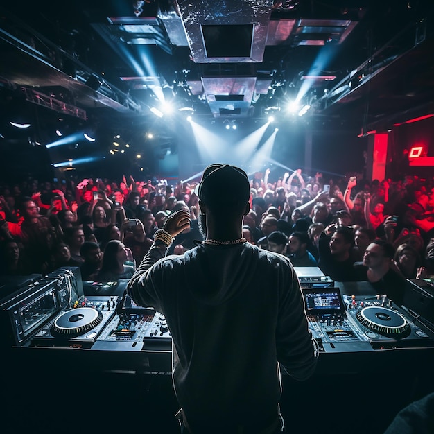 a dj is standing in front of a crowd of people.