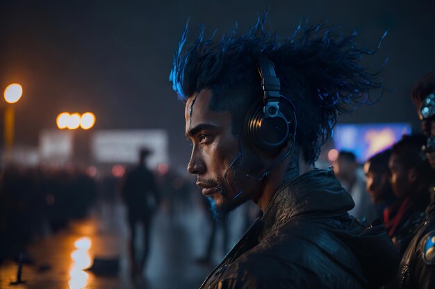 Photo a dj man wearing headphones with people on the background party generative ai