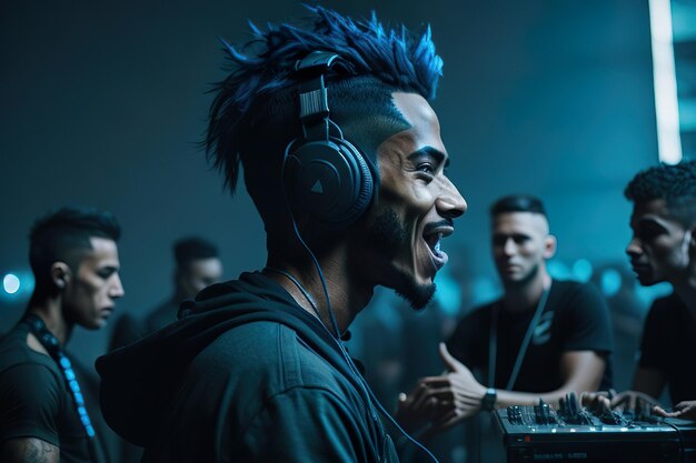 Photo a dj man wearing headphones with people on the background party generative ai