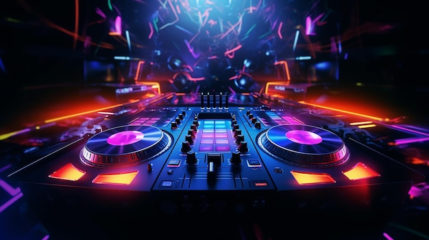 Photo dj mixer glows with electric blue and purple neon lights in dark space