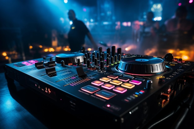 The DJ mixer table stands as the luminous heart of the nightclub