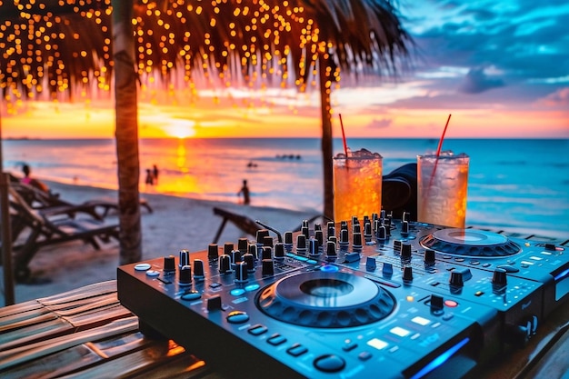 Dj mixer with cocktail and umbrella on the beach at sunset