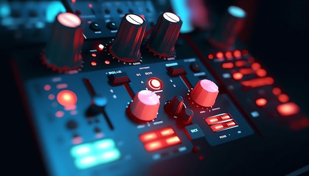 A dj mixer with red and blue lights and buttons.