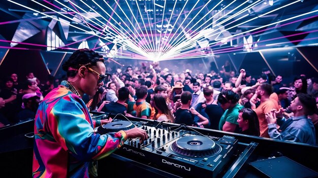 Photo dj mixes music in a nightclub with people dancing