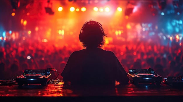 Dj mixes the track in the nightclub at a live concert