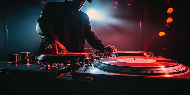 Фото Ди-джей микширует ритмы на пластинках в живом ночном клубе