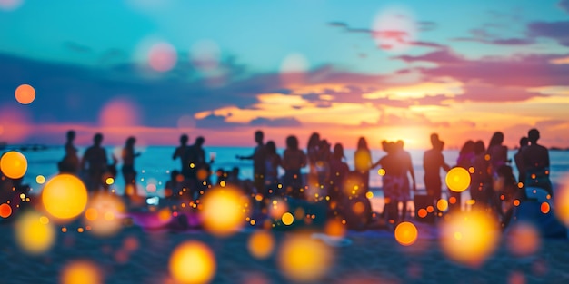 Photo dj mixing outdoor at beach party festival with crowd of people at sunset