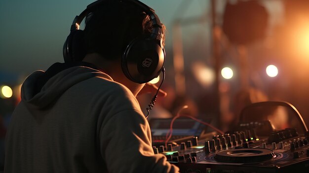나이트 클럽에서 음악 테이블을 제어하는 콘서트 DJ 손에서 DJ 믹싱 및 스크래칭