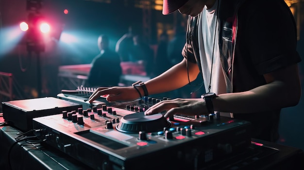 DJ mixing and scratching music at a concert DJ hands controlling a music table in a night club