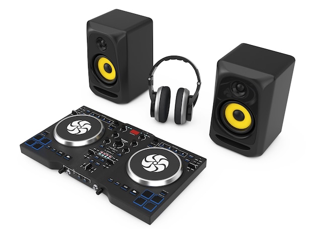 DJ Mixing Turntable with Speakers and Headphone on a white background. 3d Rendering