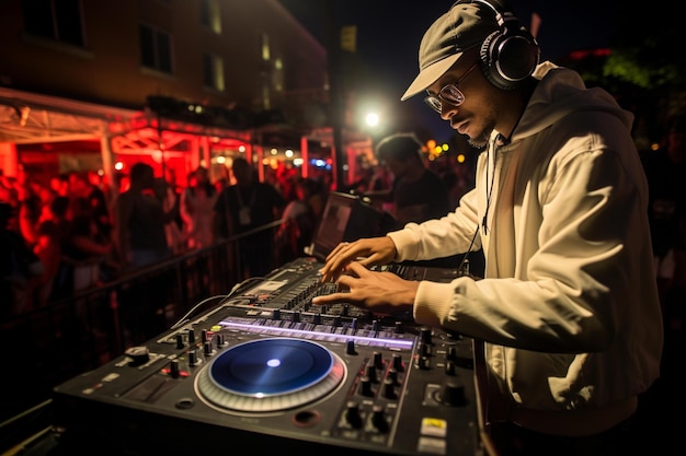 A dj mixing up a dj at a party with a crowd in the background.