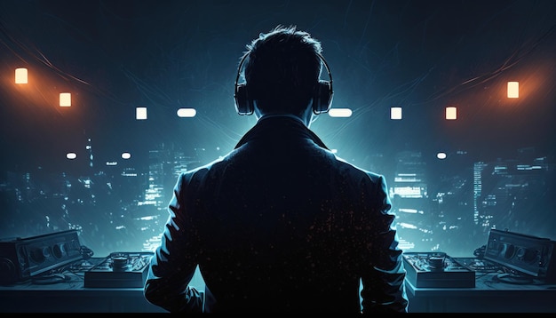 Dj in night club Back view DJ with headphones Generative AI