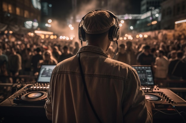 A dj at a party with a crowd in the background