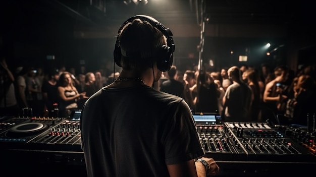 A dj at a party with a crowd in the background