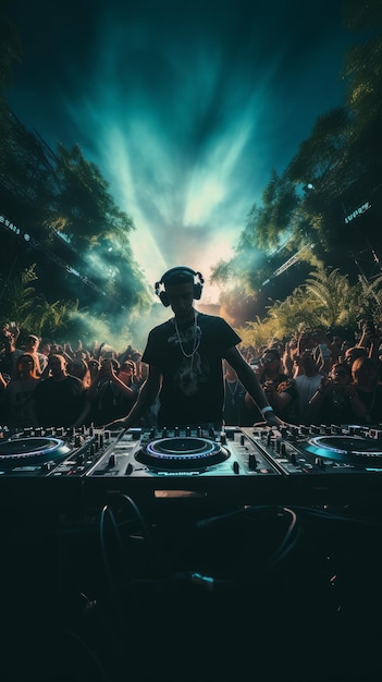 DJ performing in front of a lively crowd at a music festival Generative AI