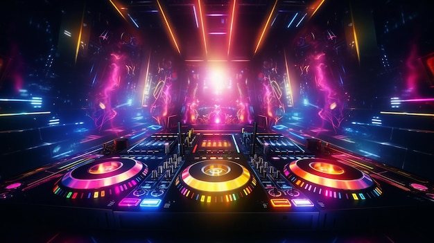 Photo dj performing music at concert with vibrant purple lighting effects