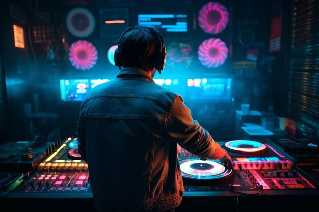 ジェネレーティブ AI テクノロジーで作成された、ナイトクラブ パーティーで電子音楽をミキシングする DJ プレーヤーのオーディオ