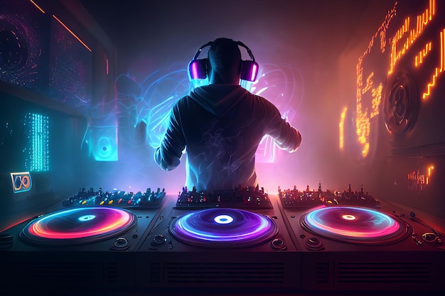 제너레이티브 AI 기술로 만든 나이트클럽 파티에서 전자 음악을 믹싱하는 DJ 플레이어 오디오