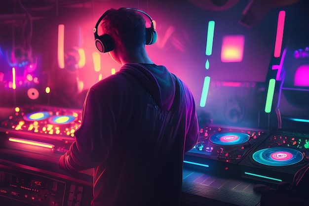 Dj player audio mixing electronic music in a nightclub party created with generative ai technology