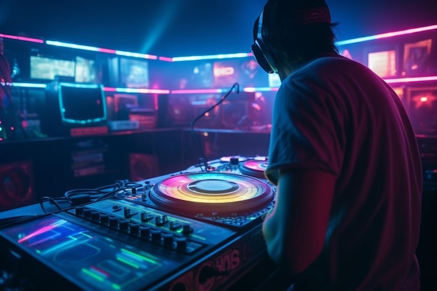 A dj playing in a club with a dj playing music.