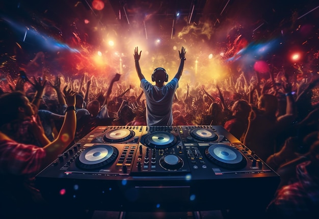 DJ playing and mixing music in nightclub party at night EDM dance music club with crowd