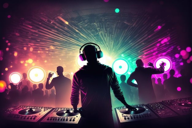 DJ playing and mixing music in nightclub party at night