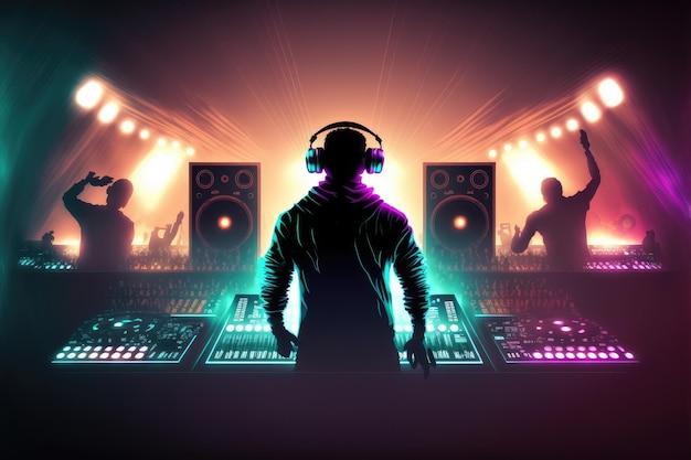 DJ playing and mixing music in nightclub party at night