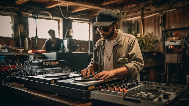 테크노 하우스 일렉트로닉 EDM을 춤추는 사람들의 클럽 군중 속에서 음악을 연주하는 DJ Generative AI